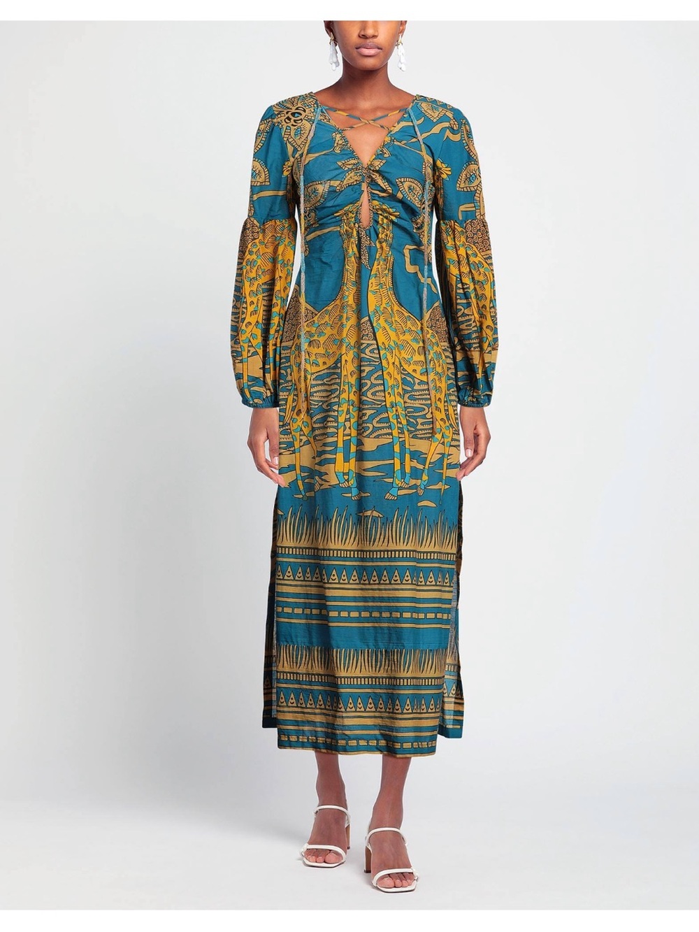 Teal & Mustard Printed Tie-Front Maxi Dress